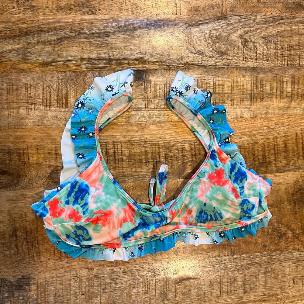 Aerie Floral Print Ruffle Detail Scoop Bikini Top Size Medium